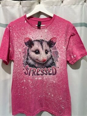 Gildan Pink Opossum Graphic Tee with 'Stressed' Text